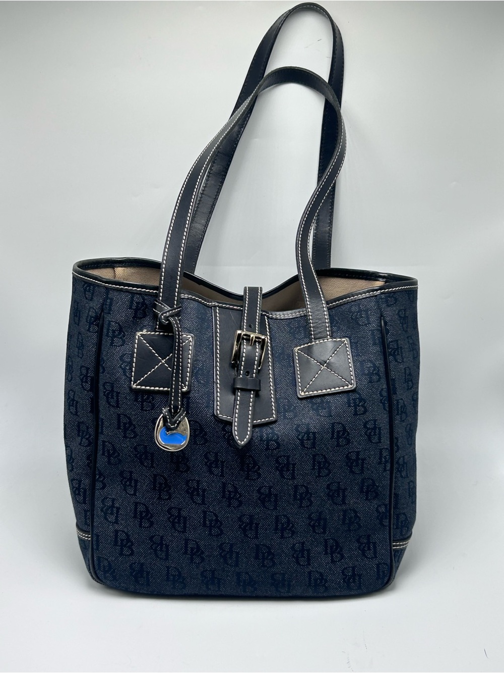 Dooney & Bourke Denim Monogram Tote Medium Blue Denim Black Leather Accents